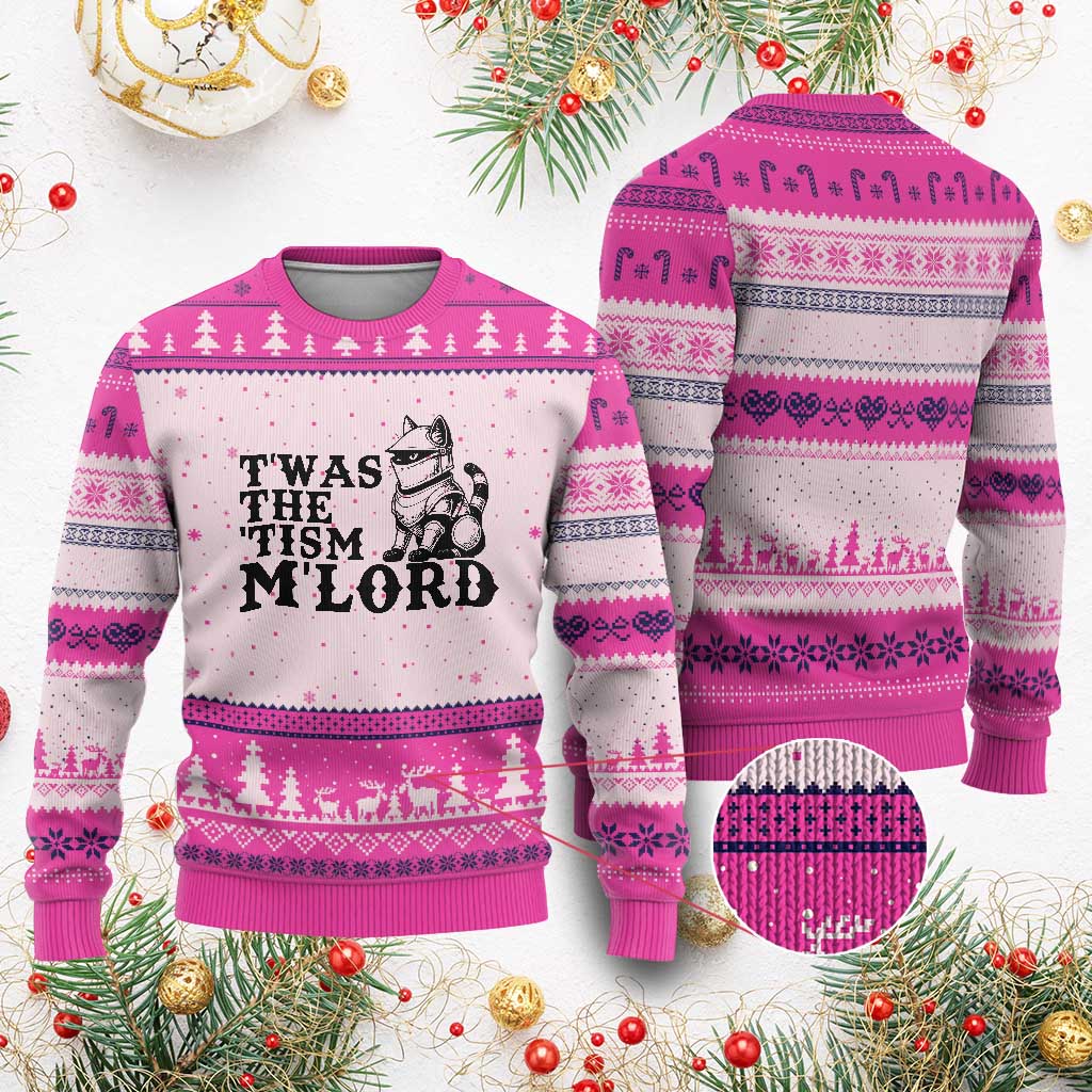 Twas The Tism Funny Medieval Knight Cat Ugly Christmas Sweater Armor Meme Fantasy Gift TS12 Hot Pink Print Your Wear
