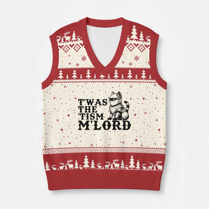 Twas The Tism Funny Medieval Knight Cat V-Neck Knit Sweater Vest Armor Meme Fantasy Gift TS12 Beige Red Print Your Wear