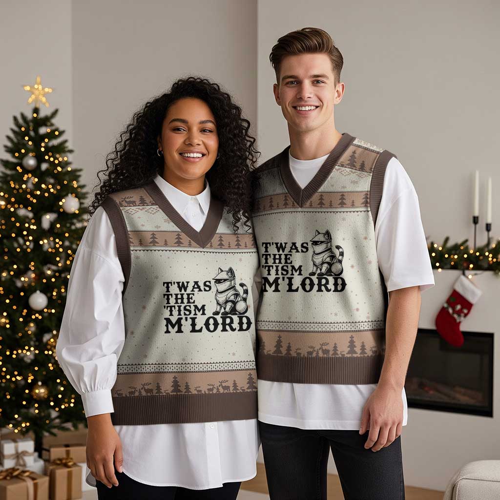 Twas The Tism Funny Medieval Knight Cat V-Neck Knit Sweater Vest Armor Meme Fantasy Gift TS12 Mocha Mousse Print Your Wear
