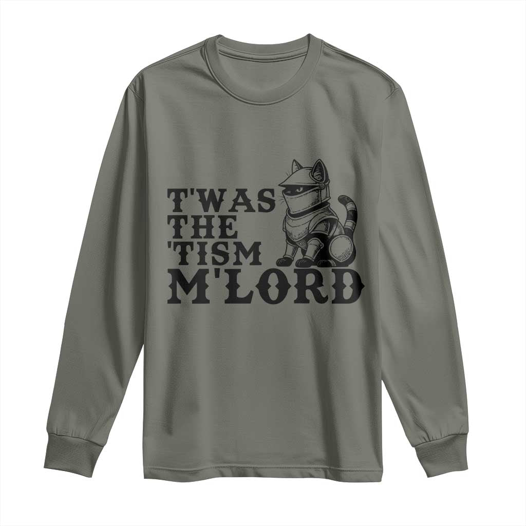 Twas The Tism Funny Medieval Knight Cat Long Sleeve Shirt Armor Meme Fantasy Gift TS12 Military Green Print Your Wear
