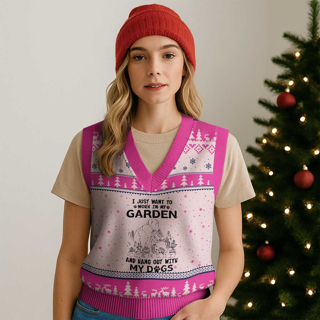 I Just Want To Garden And Hangout With My Dog V-Neck Knit Sweater Vest Gardener Gift TS12 Hot Pink Print Your Wear