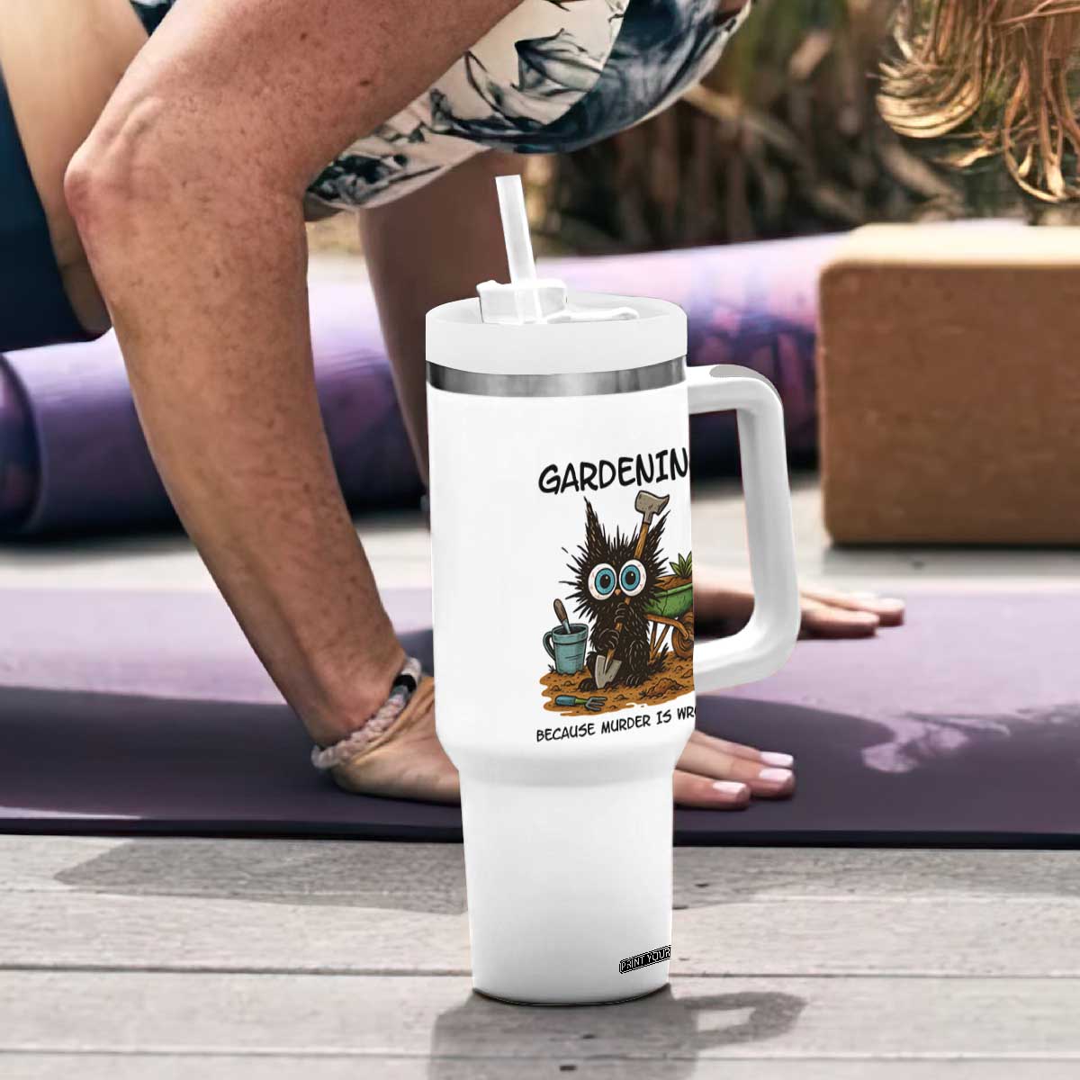 Gardening Because Murder Is Wrong Tumbler With Handle Funny Black Cat Gardener Gift TS12 Print Your Wear