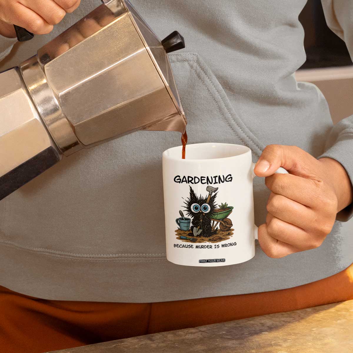 Gardening Because Murder Is Wrong Coffee Mug Funny Black Cat Gardener Gift TS12 Print Your Wear