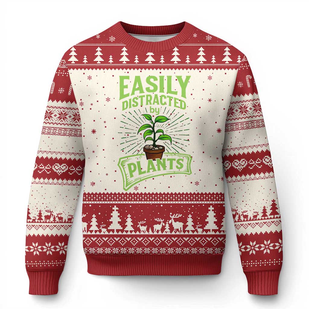 Easily Distracted By Plants Ugly Christmas Sweater Funny Gardening Lover Gift TS12 Beige Red Print Your Wear
