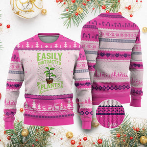 Easily Distracted By Plants Ugly Christmas Sweater Funny Gardening Lover Gift TS12 Hot Pink Print Your Wear