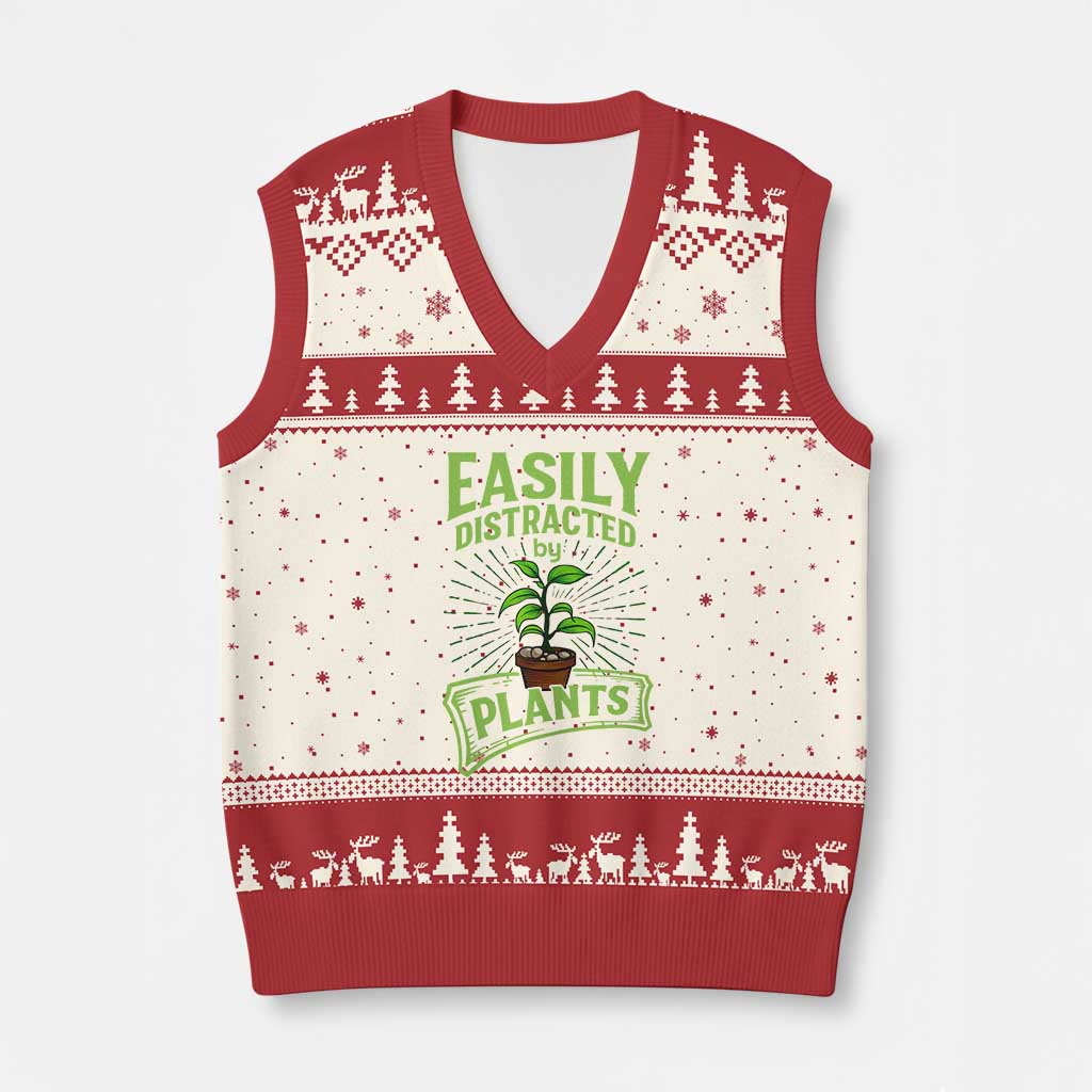 Easily Distracted By Plants V-Neck Knit Sweater Vest Funny Gardening Lover Gift TS12 Beige Red Print Your Wear