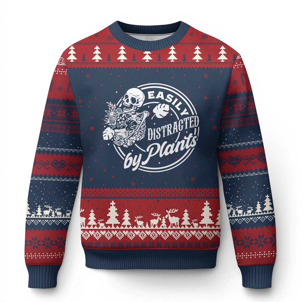 Easily Distracted By Plants Skeleton Ugly Christmas Sweater Funny Gardener Plant Lover TS12 Navy Red Print Your Wear
