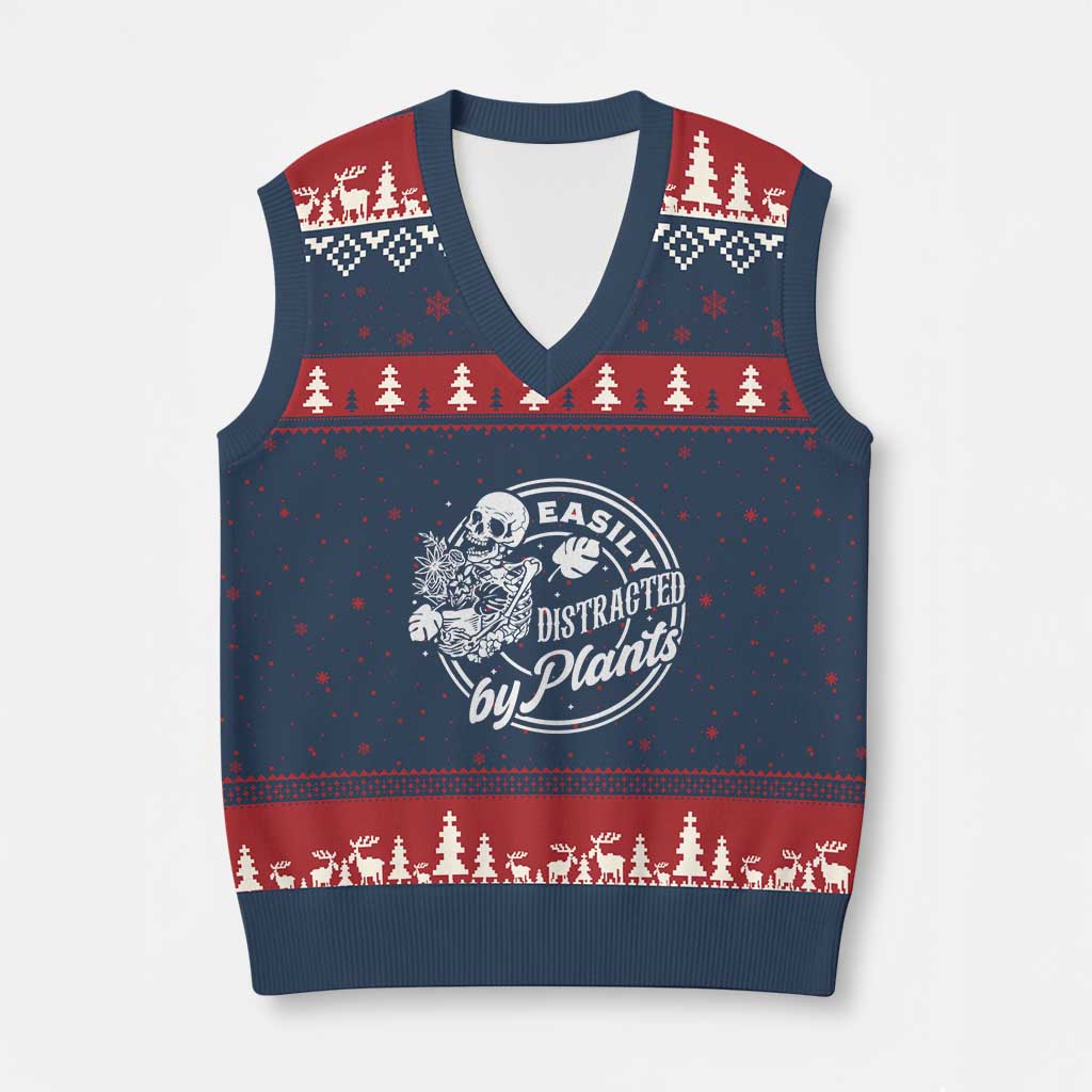 Easily Distracted By Plants Skeleton V-Neck Knit Sweater Vest Funny Gardener Plant Lover TS12 Navy Red Print Your Wear
