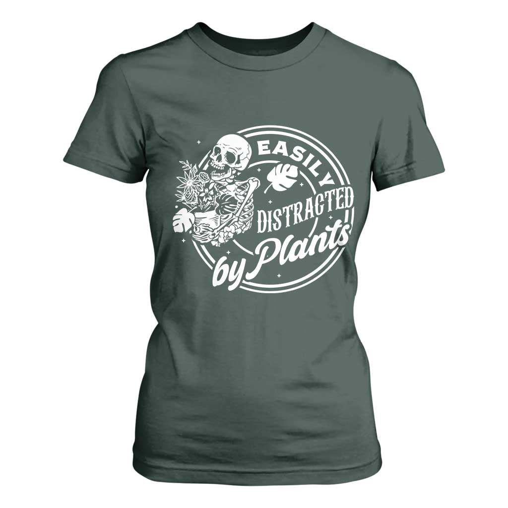 Easily Distracted By Plants Skeleton T Shirt For Women Funny Gardener Plant Lover TS12 Dark Forest Green Print Your Wear