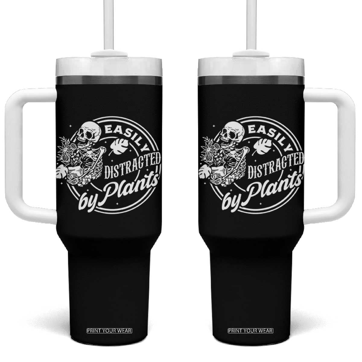 Easily Distracted By Plants Skeleton Tumbler With Handle Funny Gardener Plant Lover - Print Your Wear