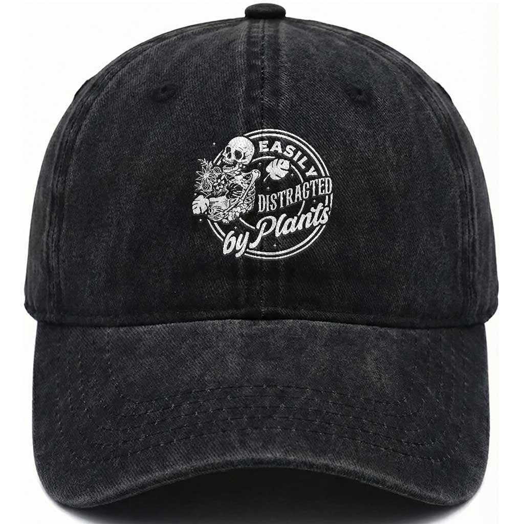 Easily Distracted By Plants Skeleton Washed Cotton Baseball Cap Funny Gardener Plant Lover TS12 Print Your Wear