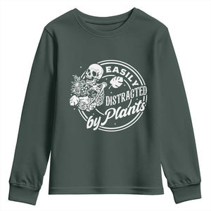 Easily Distracted By Plants Skeleton Youth Sweatshirt Funny Gardener Plant Lover TS12 Dark Forest Green Print Your Wear
