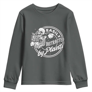 Easily Distracted By Plants Skeleton Youth Sweatshirt Funny Gardener Plant Lover TS12 Dark Heather Print Your Wear