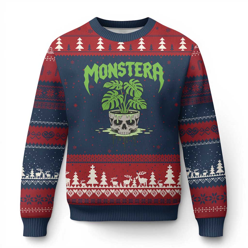 Monstera Lover Houseplant Gift Ugly Christmas Sweater Skull Plant Pot Graphic TS12 Navy Red Print Your Wear