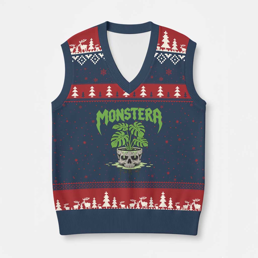 Monstera Lover Houseplant Gift V-Neck Knit Sweater Vest Skull Plant Pot Graphic TS12 Navy Red Print Your Wear