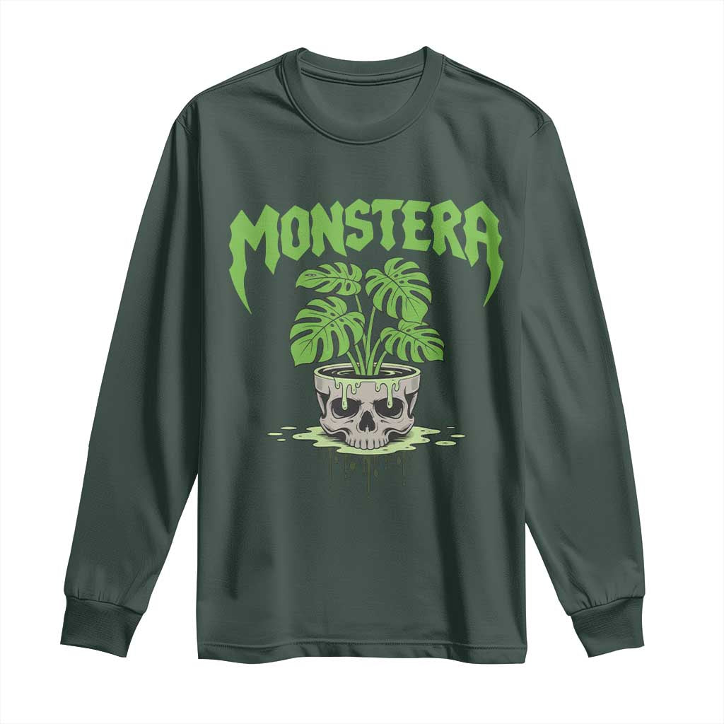 Monstera Lover Houseplant Gift Long Sleeve Shirt Skull Plant Pot Graphic TS12 Dark Forest Green Print Your Wear
