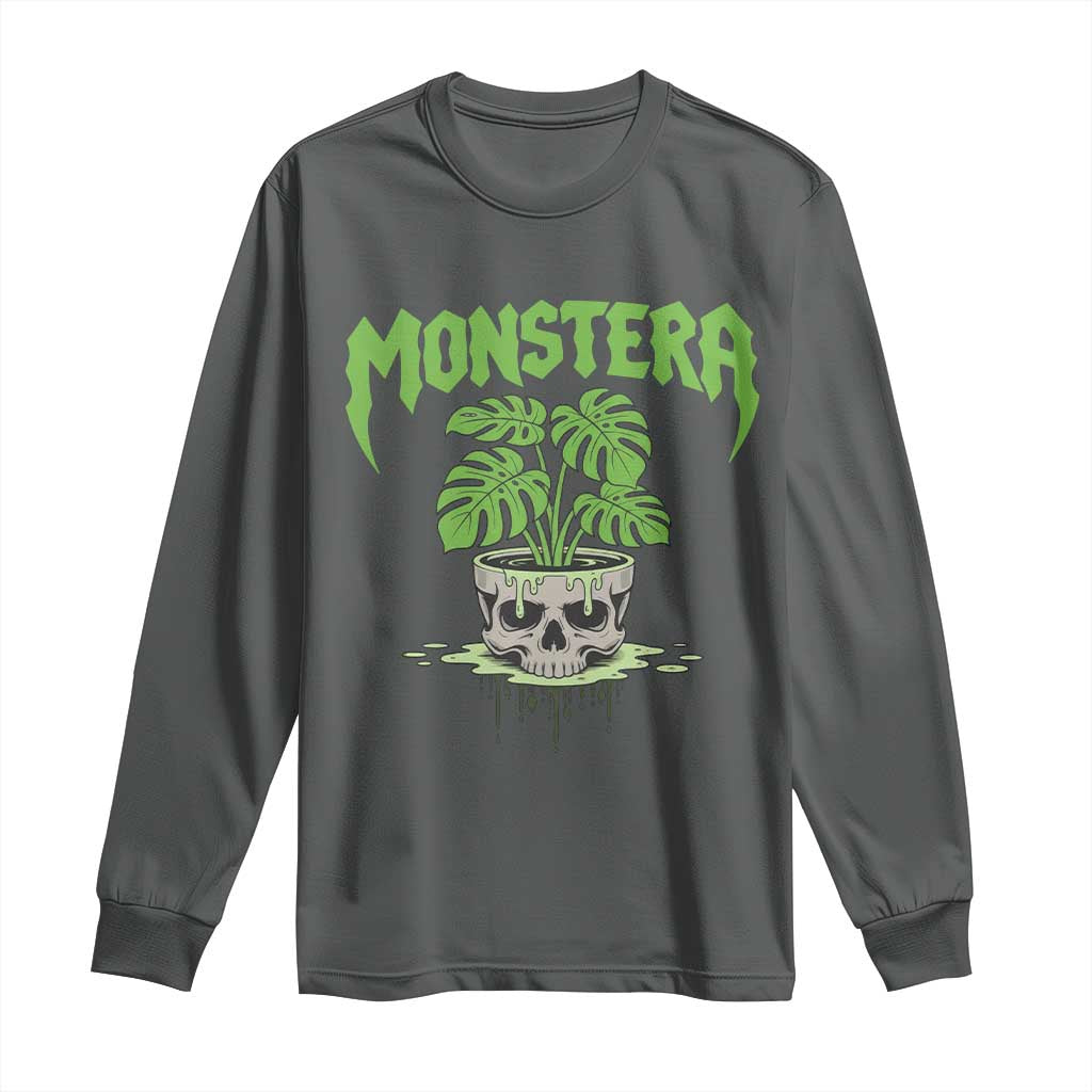 Monstera Lover Houseplant Gift Long Sleeve Shirt Skull Plant Pot Graphic TS12 Dark Heather Print Your Wear