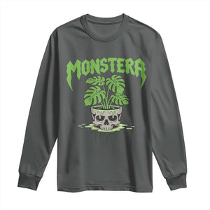 Monstera Lover Houseplant Gift Long Sleeve Shirt Skull Plant Pot Graphic TS12 Dark Heather Print Your Wear