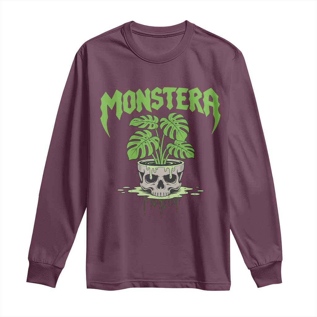 Monstera Lover Houseplant Gift Long Sleeve Shirt Skull Plant Pot Graphic TS12 Maroon Print Your Wear