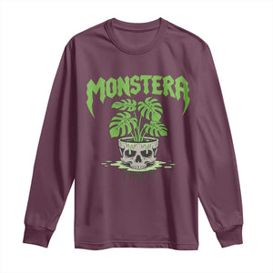Monstera Lover Houseplant Gift Long Sleeve Shirt Skull Plant Pot Graphic TS12 Maroon Print Your Wear