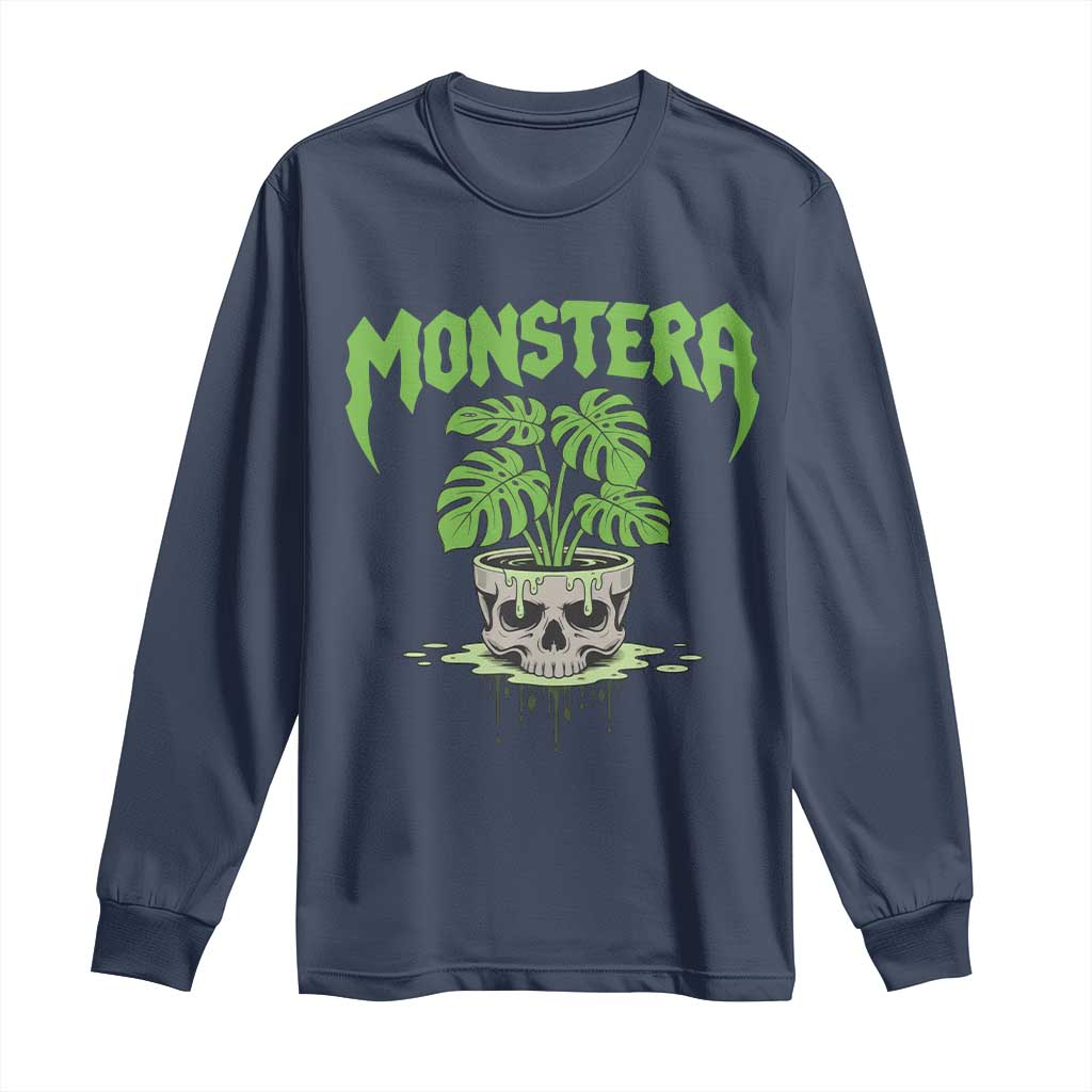 Monstera Lover Houseplant Gift Long Sleeve Shirt Skull Plant Pot Graphic TS12 Navy Print Your Wear