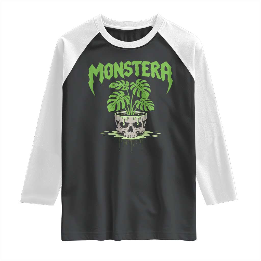 Monstera Lover Houseplant Gift Raglan Shirt Skull Plant Pot Graphic TS12 Black White Print Your Wear