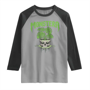 Monstera Lover Houseplant Gift Raglan Shirt Skull Plant Pot Graphic TS12 Sport Gray Black Print Your Wear