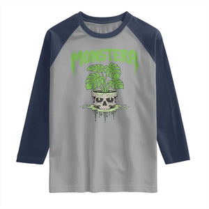 Monstera Lover Houseplant Gift Raglan Shirt Skull Plant Pot Graphic TS12 Sport Gray Navy Print Your Wear