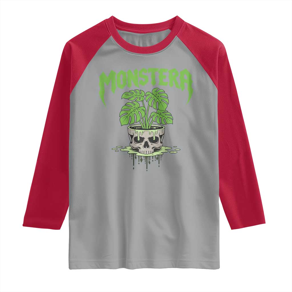 Monstera Lover Houseplant Gift Raglan Shirt Skull Plant Pot Graphic TS12 Sport Gray Red Print Your Wear