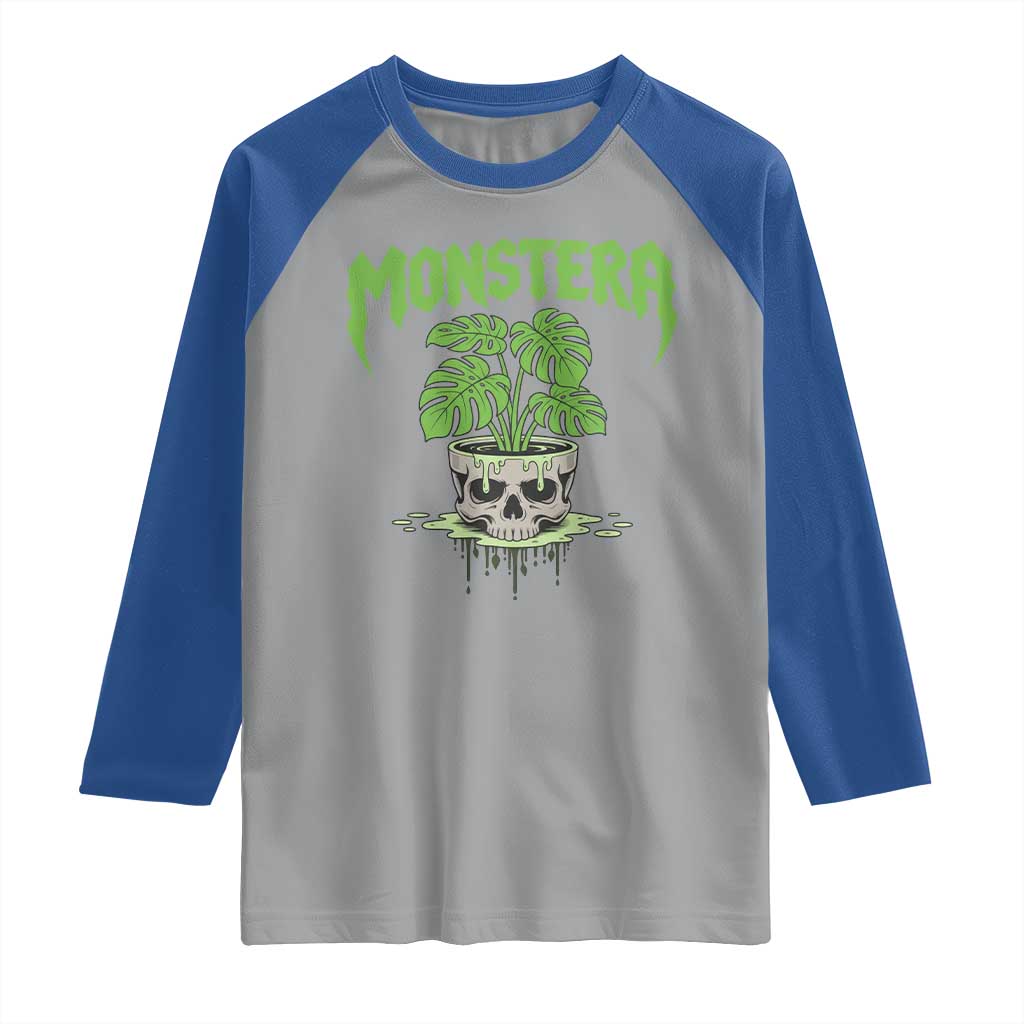 Monstera Lover Houseplant Gift Raglan Shirt Skull Plant Pot Graphic TS12 Sport Gray Royal Print Your Wear