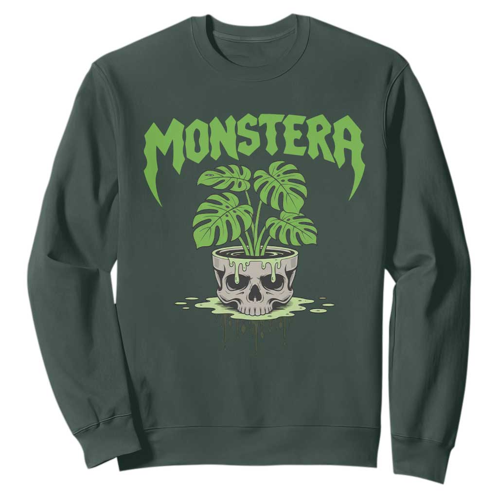 Monstera Lover Houseplant Gift Sweatshirt Skull Plant Pot Graphic TS12 Dark Forest Green Print Your Wear