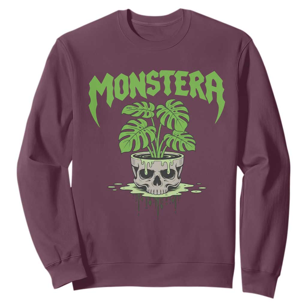 Monstera Lover Houseplant Gift Sweatshirt Skull Plant Pot Graphic TS12 Maroon Print Your Wear