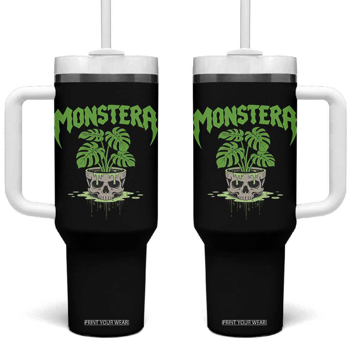 Monstera Lover Houseplant Gift Tumbler With Handle Skull Plant Pot Graphic - Print Your Wear