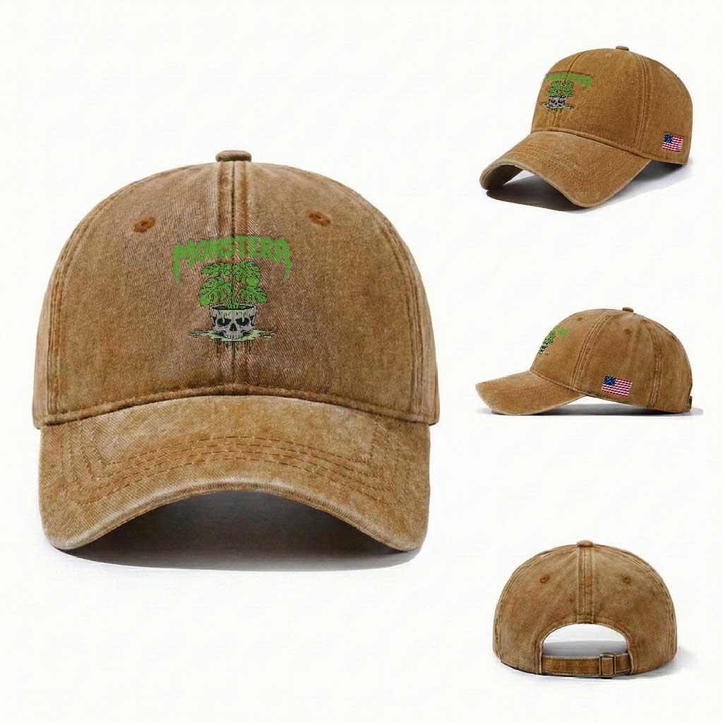 Monstera Lover Houseplant Gift Washed Cotton Baseball Cap Skull Plant Pot Graphic TS12 Washed Cap Universal Fit Yellow Ochre Print Your Wear