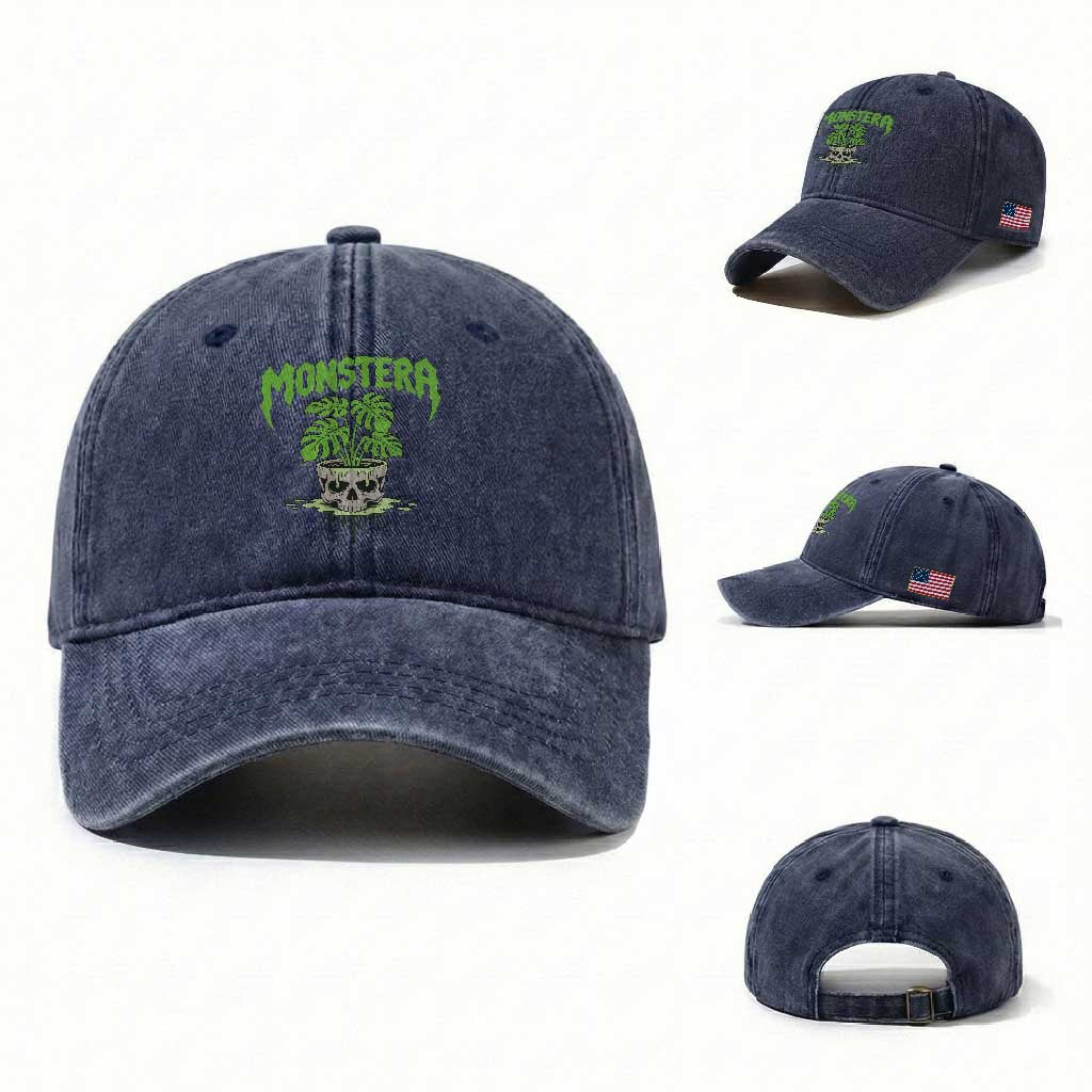 Monstera Lover Houseplant Gift Washed Cotton Baseball Cap Skull Plant Pot Graphic TS12 Washed Cap Universal Fit Navy Print Your Wear