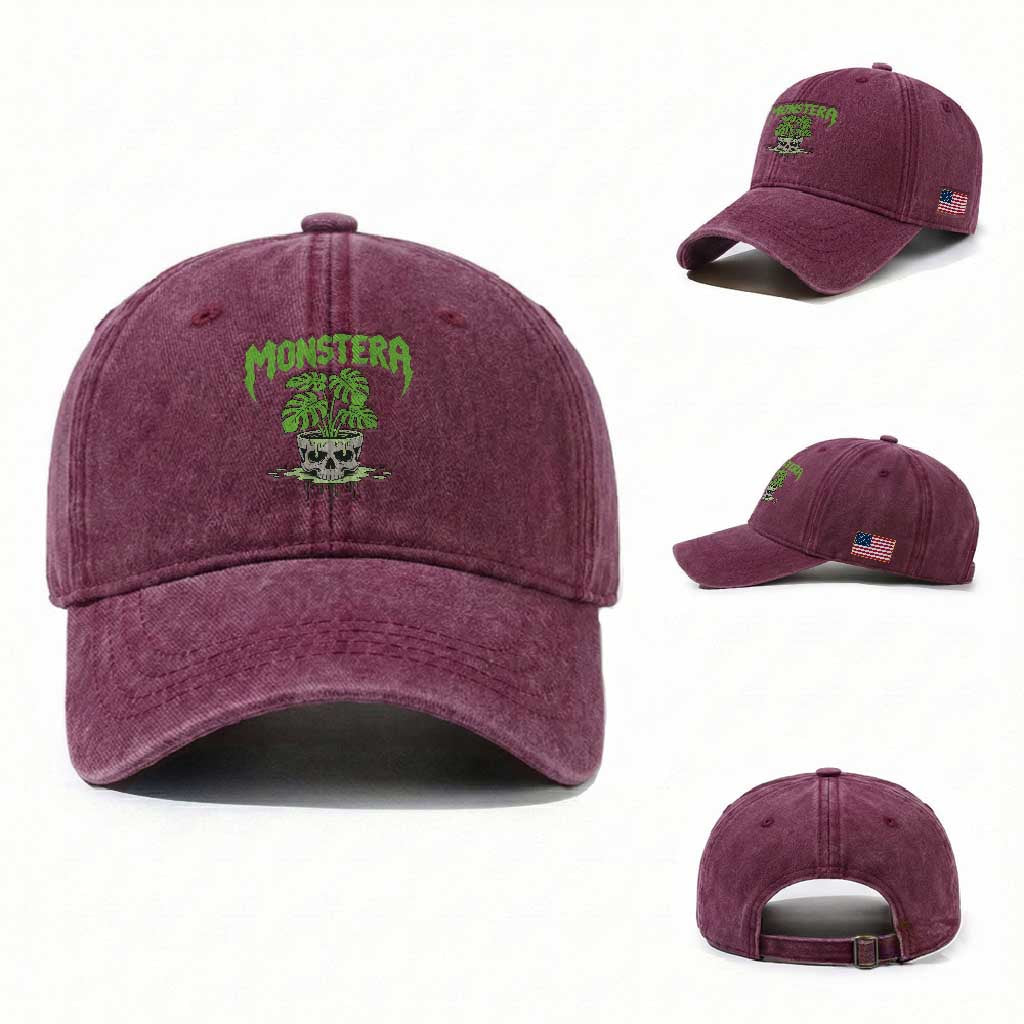 Monstera Lover Houseplant Gift Washed Cotton Baseball Cap Skull Plant Pot Graphic TS12 Washed Cap Universal Fit Burgundy Print Your Wear