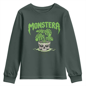 Monstera Lover Houseplant Gift Youth Sweatshirt Skull Plant Pot Graphic TS12 Dark Forest Green Print Your Wear