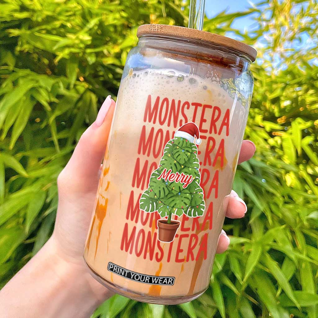 Merry Monstera Glass Can Plant Lover Christmas Gift - Print Your Wear