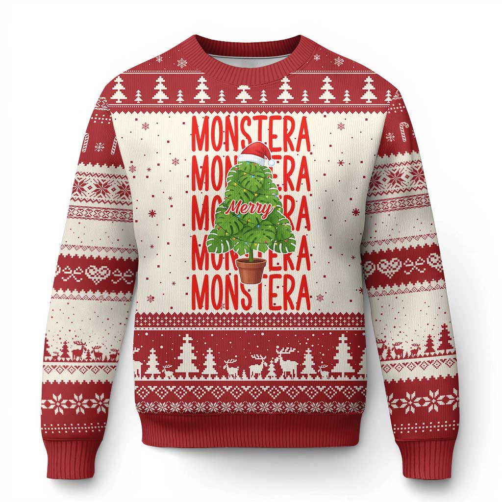 Merry Monstera Ugly Christmas Sweater Plant Lover Xmas Gift TS12 Beige Red Print Your Wear