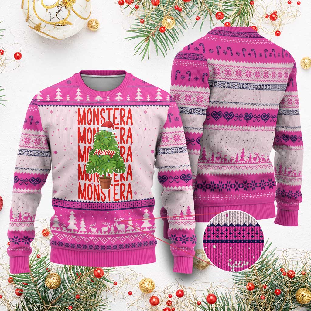 Merry Monstera Ugly Christmas Sweater Plant Lover Xmas Gift TS12 Hot Pink Print Your Wear
