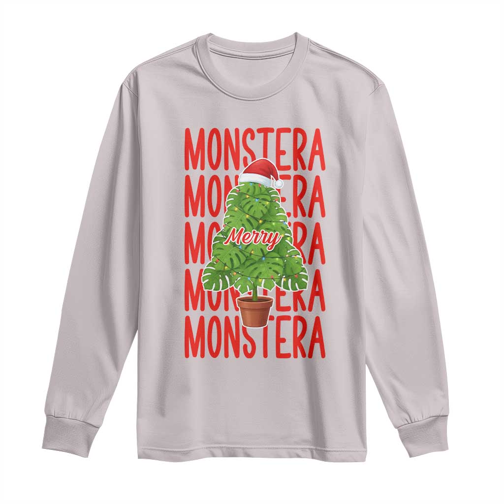 Merry Monstera Long Sleeve Shirt Plant Lover Christmas Gift TS12 Ice Gray Print Your Wear