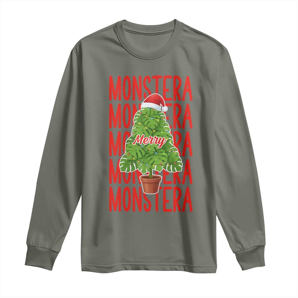 Merry Monstera Long Sleeve Shirt Plant Lover Christmas Gift TS12 Military Green Print Your Wear