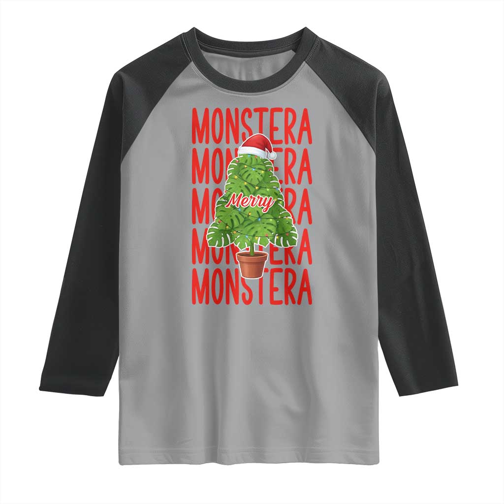Merry Monstera Raglan Shirt Plant Lover Christmas Gift TS12 Sport Gray Black Print Your Wear