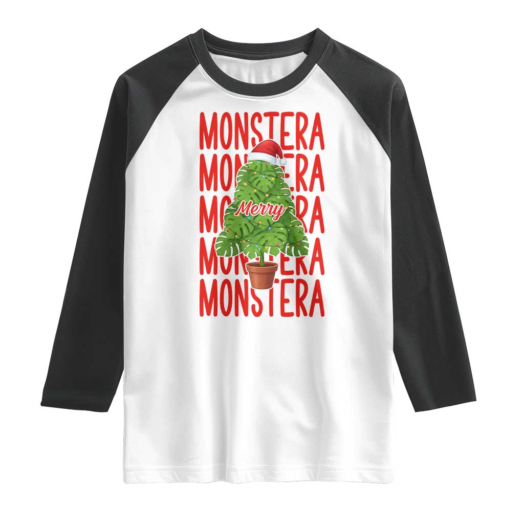 Merry Monstera Raglan Shirt Plant Lover Christmas Gift TS12 White Black Print Your Wear