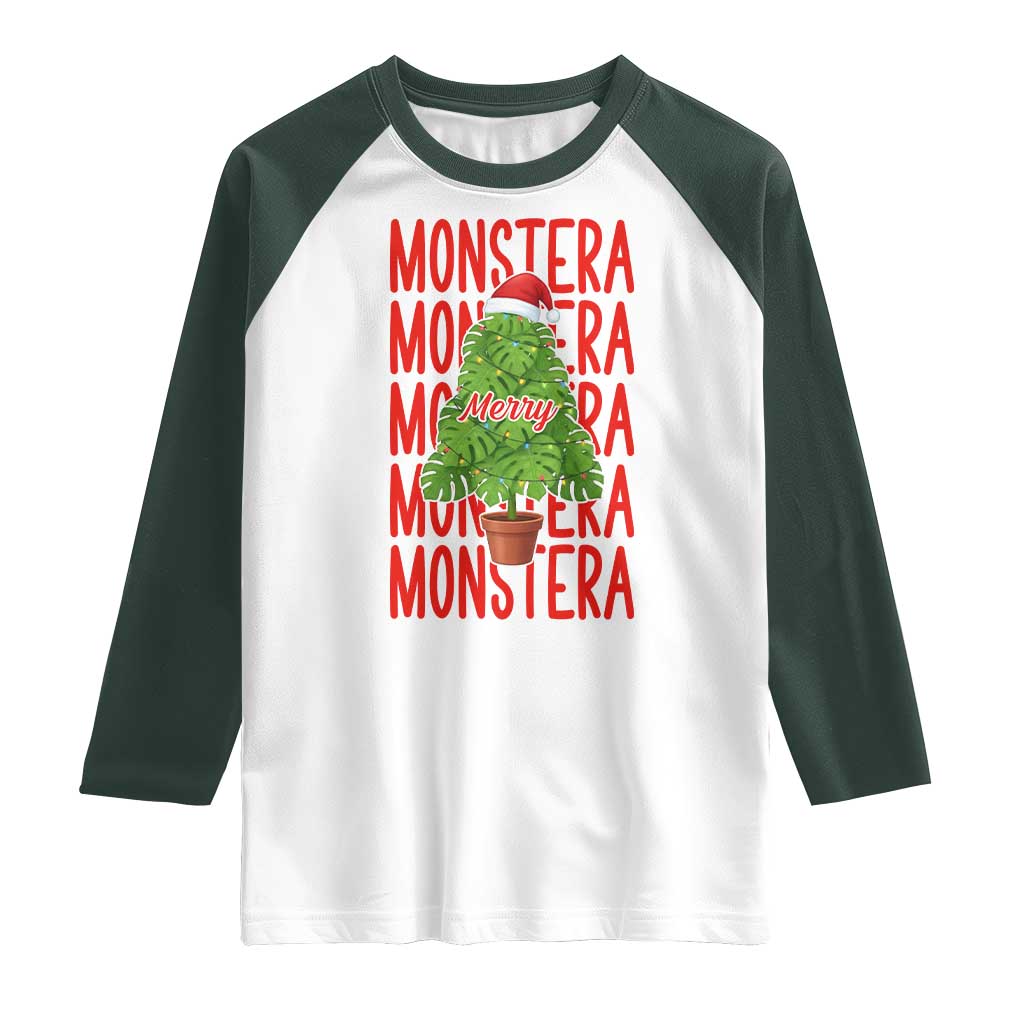 Merry Monstera Raglan Shirt Plant Lover Christmas Gift TS12 White Dark Forest Green Print Your Wear