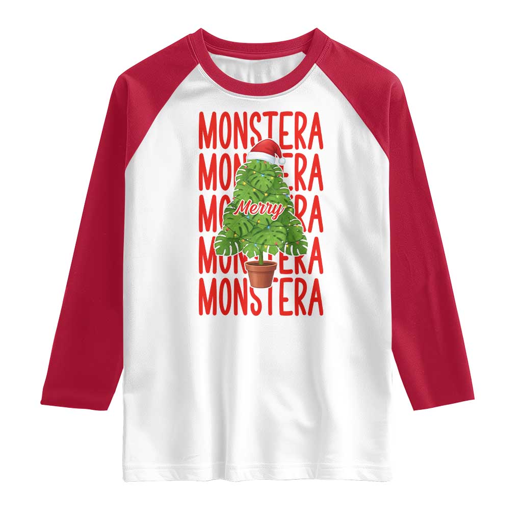 Merry Monstera Raglan Shirt Plant Lover Christmas Gift TS12 White Red Print Your Wear