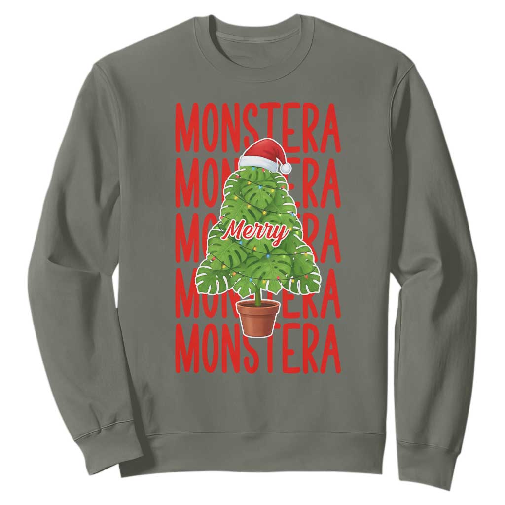 Merry Monstera Sweatshirt Plant Lover Christmas Gift TS12 Military Green Print Your Wear