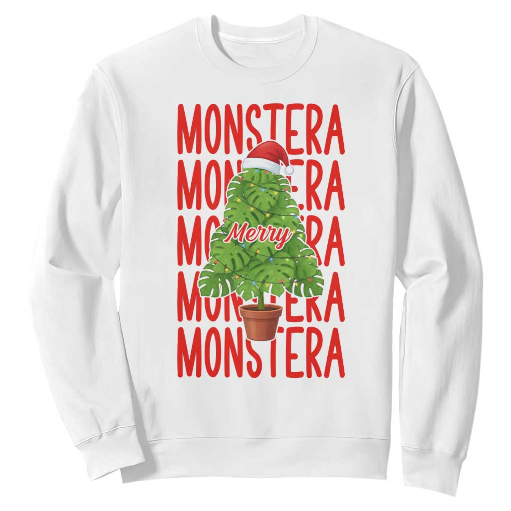 Merry Monstera Sweatshirt Plant Lover Christmas Gift TS12 White Print Your Wear