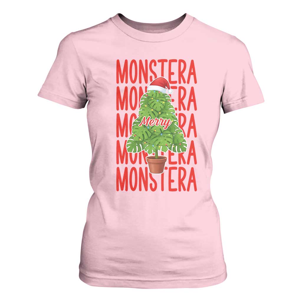 Merry Monstera T Shirt For Women Plant Lover Christmas Gift TS12 Light Pink Print Your Wear