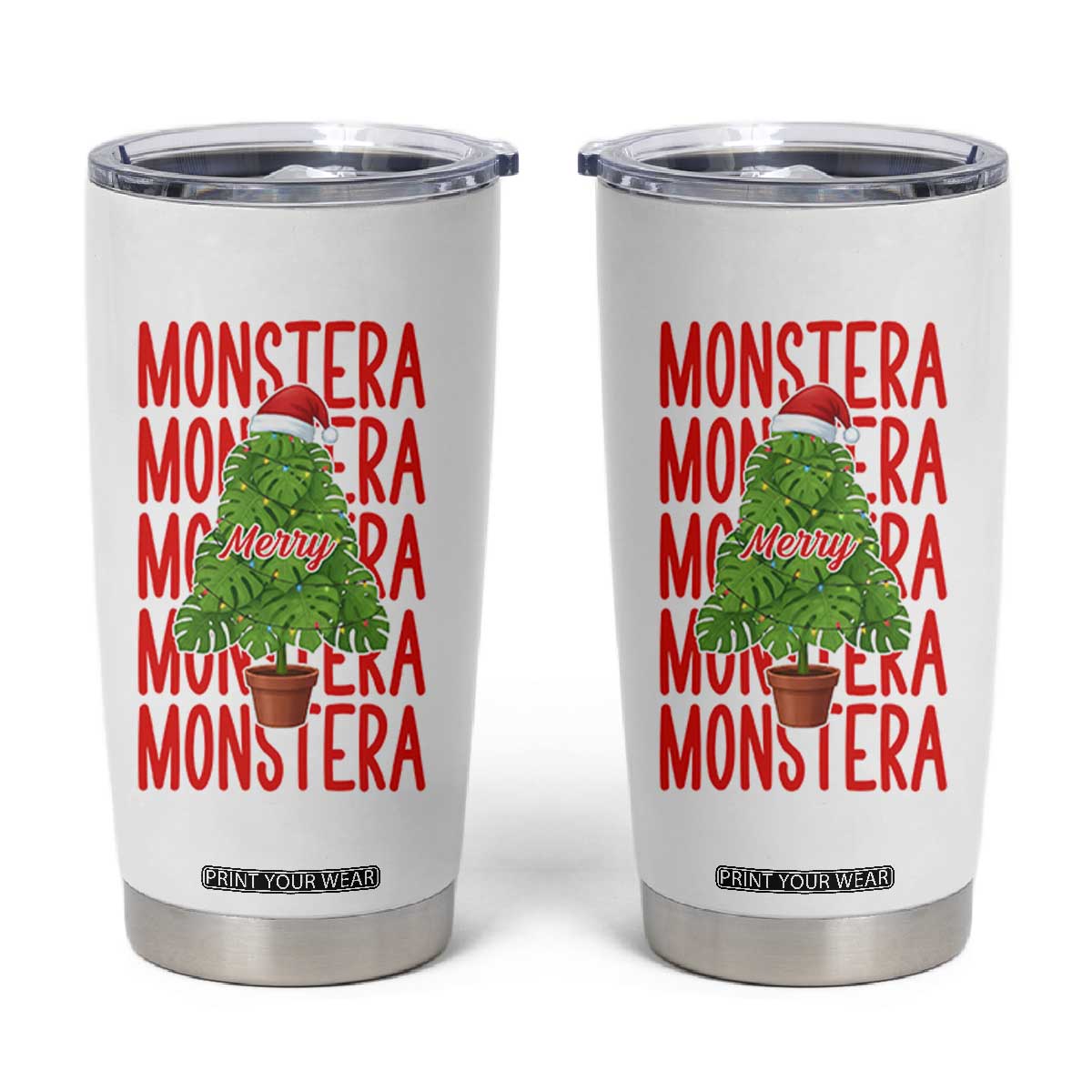Merry Monstera Tumbler Cup Plant Lover Christmas Gift TS12 White Print Your Wear